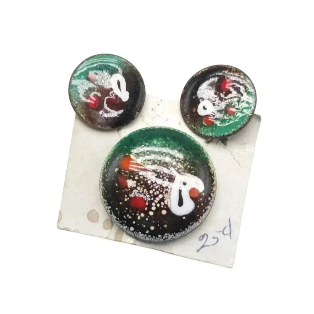 Mid Century Modern Green Enameled Earrings Brooch Pin Set Multicolor Vintage